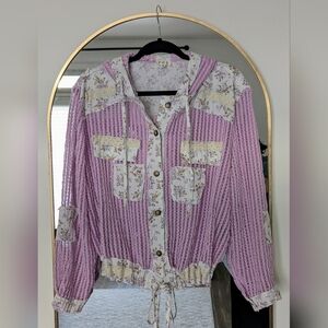 POL Floral Patchwork Knit Button-Up Hoodie